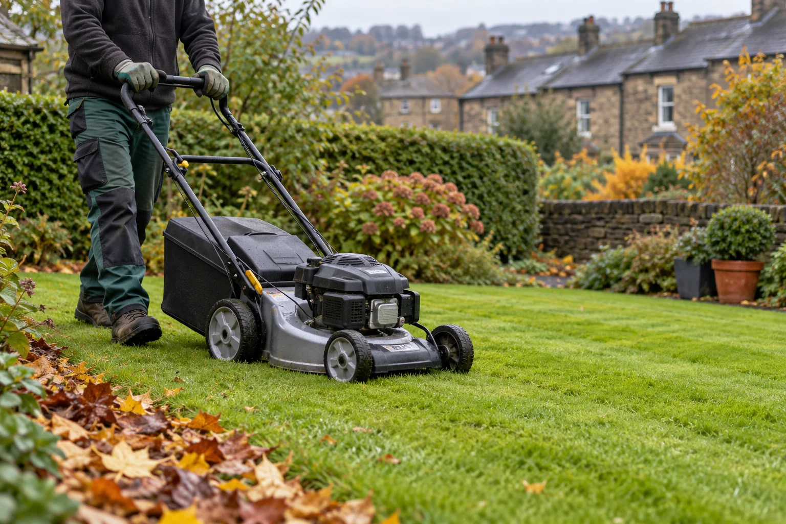 Gardener mowing an autumn lawn beside a clipped hedge in Keighley