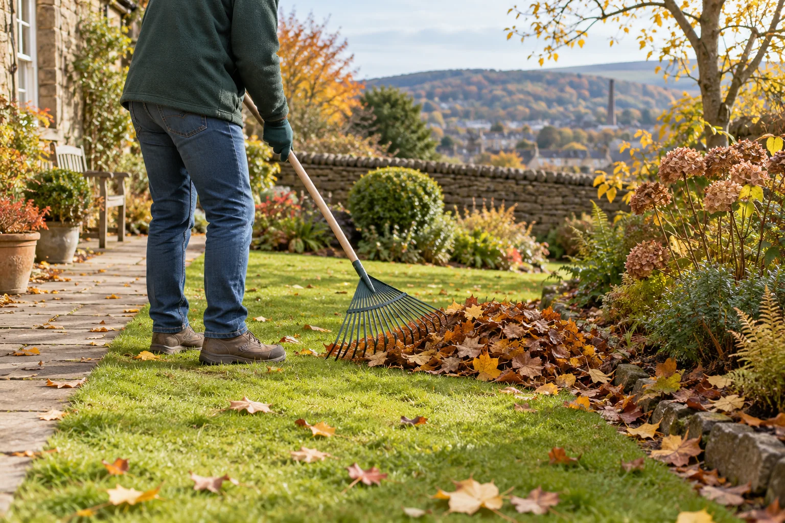 Gardener raking autumn leaves from the edge of a lawn