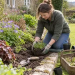 Gardener planting hardy perennials in a prepared flower border