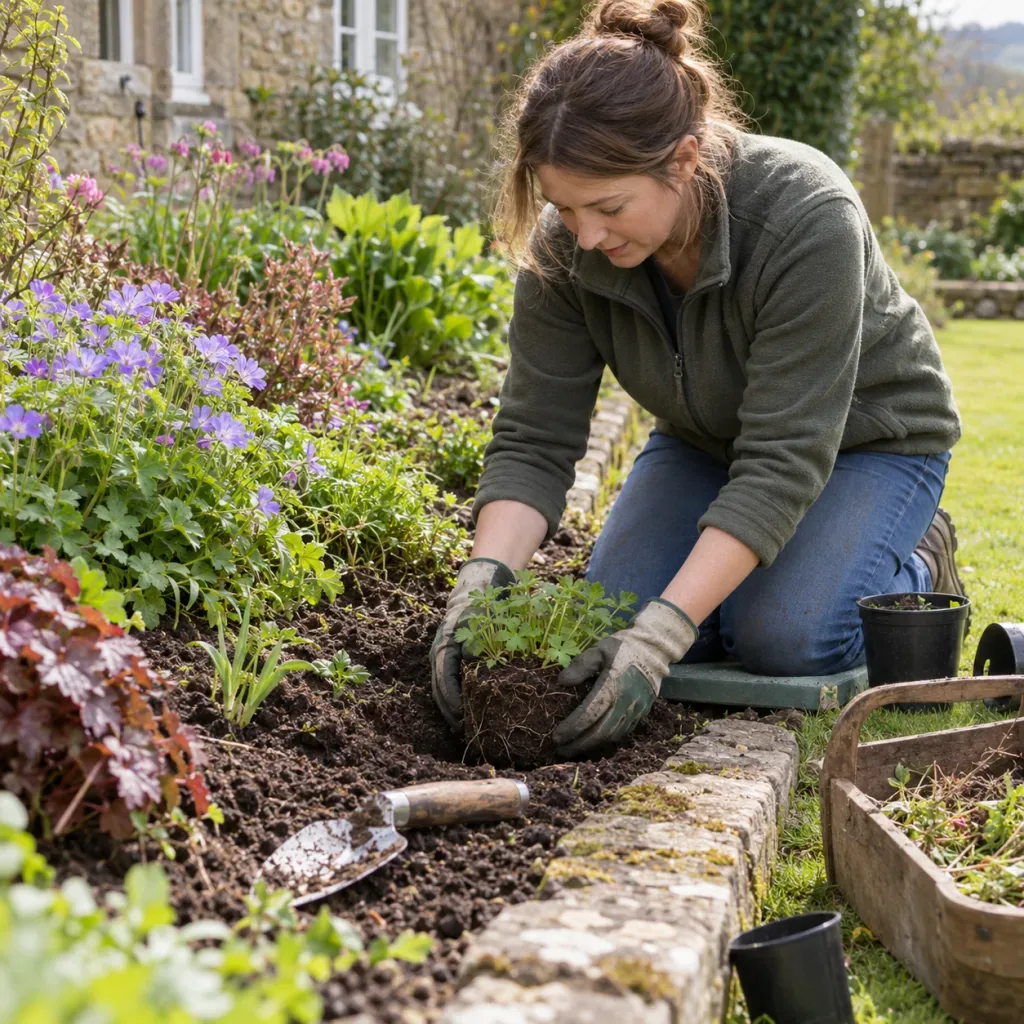 Gardener planting hardy perennials in a prepared flower border