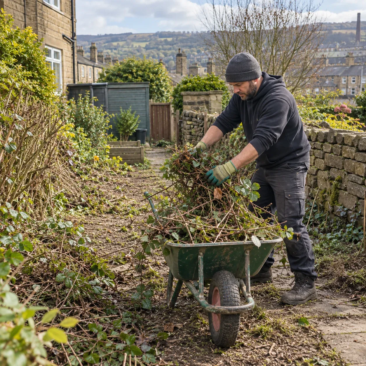 Gardener clearing cut vegetation into a wheelbarrow.