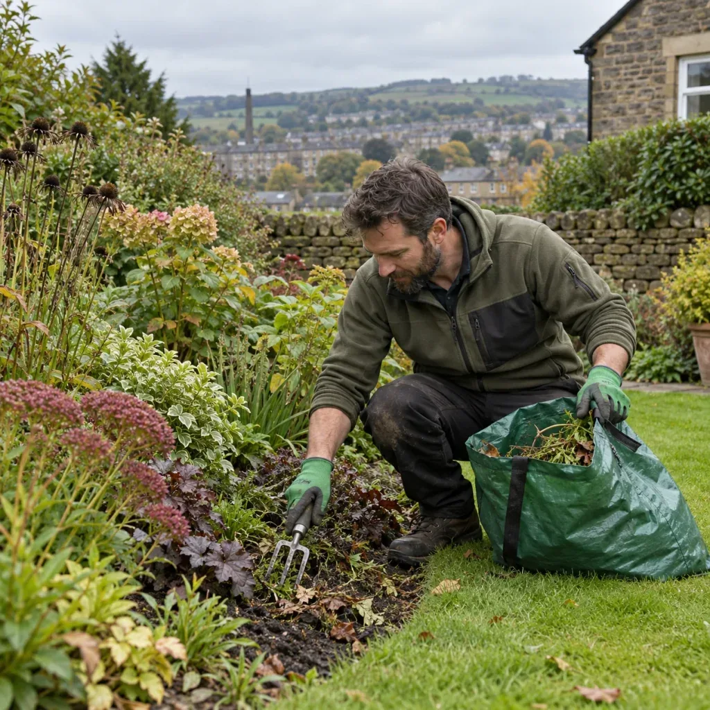 Gardener tending a planted garden border beside a lawn.