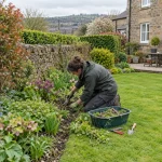 Gardener weeding a flower border beside a lawn and Yorkshire stone wall