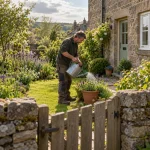 Gardener watering planted pots in a stone cottage garden