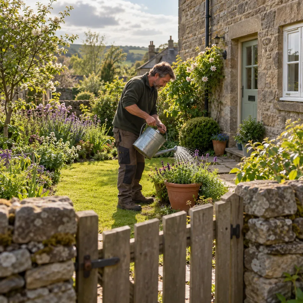 Gardener watering planted pots in a stone cottage garden