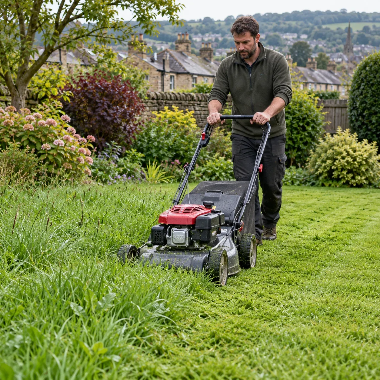 Gardener cutting long grass in a residential garden.