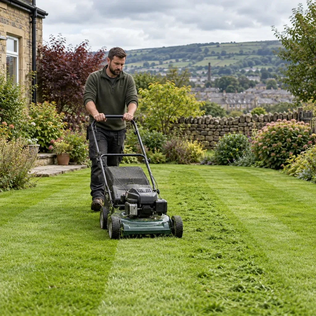 Gardener mowing a lawn in straight passes.