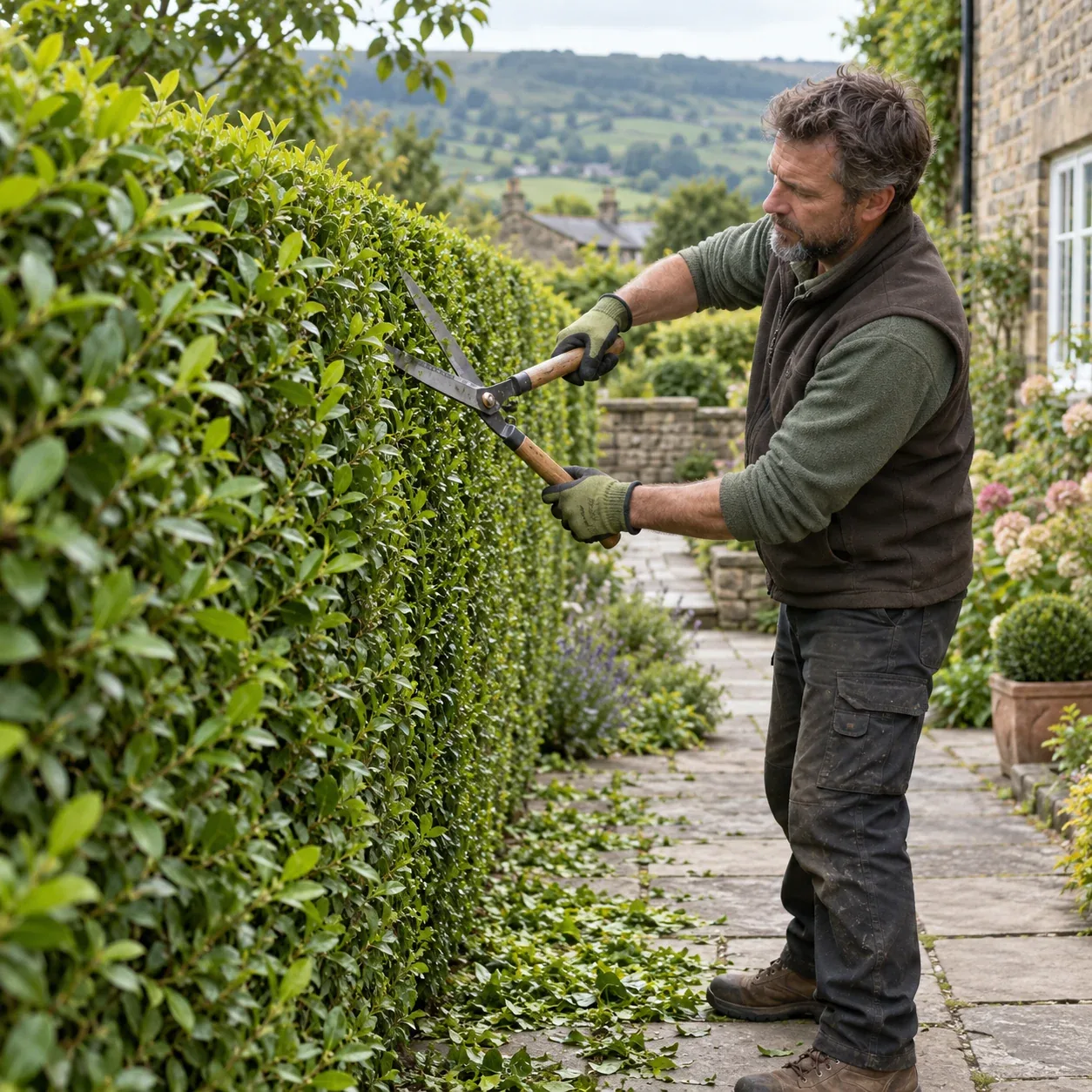 Gardener neatly trimming a garden hedge with hand shears.