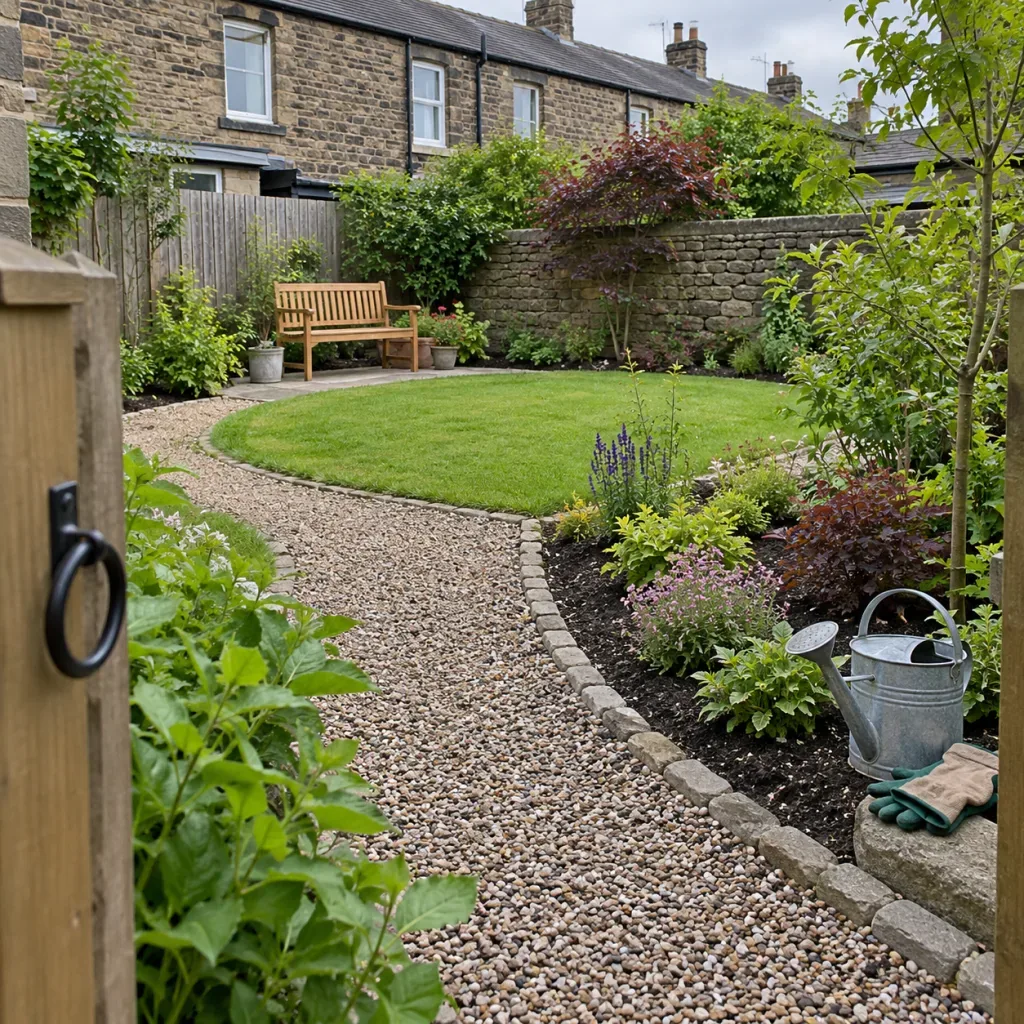 A modest landscaped garden with a curved path, lawn and planted borders