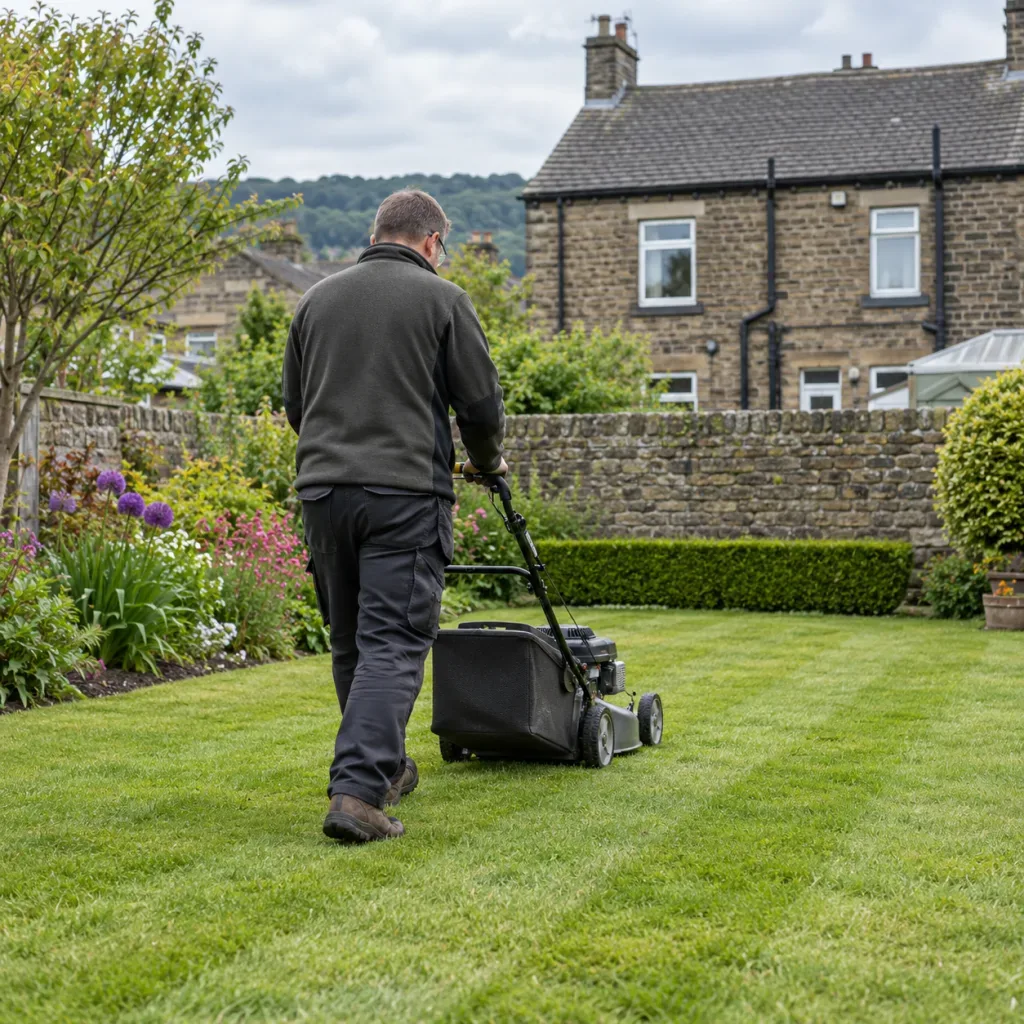 Gardener mowing a compact lawn beside planted borders and a stone house