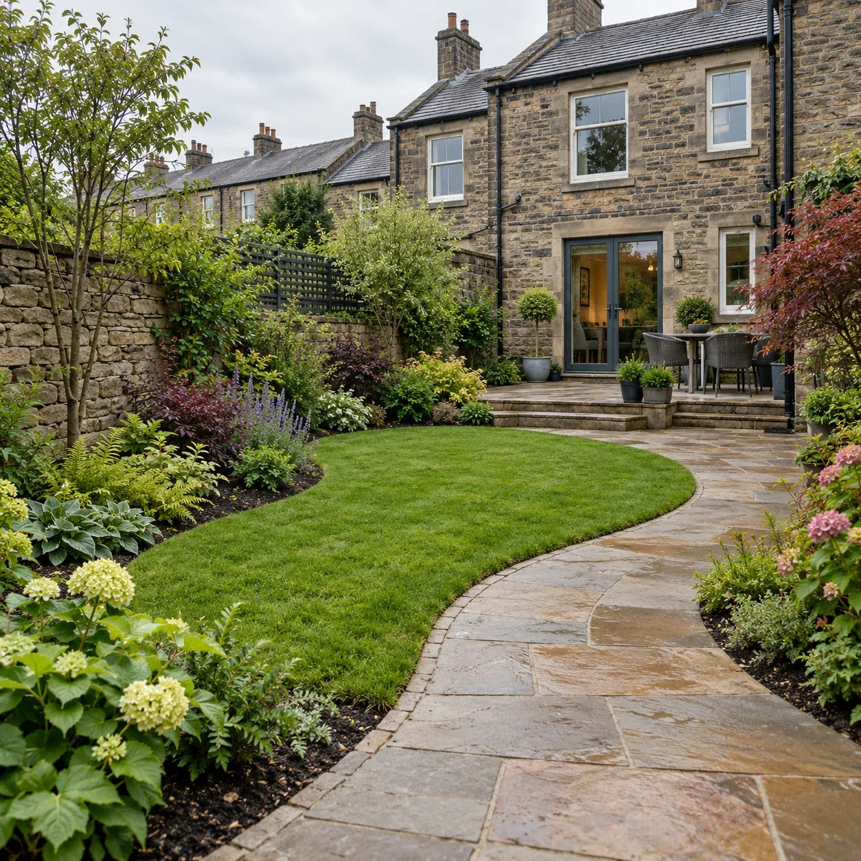 Curved stone path and shaped lawn in a landscaped Yorkshire garden.