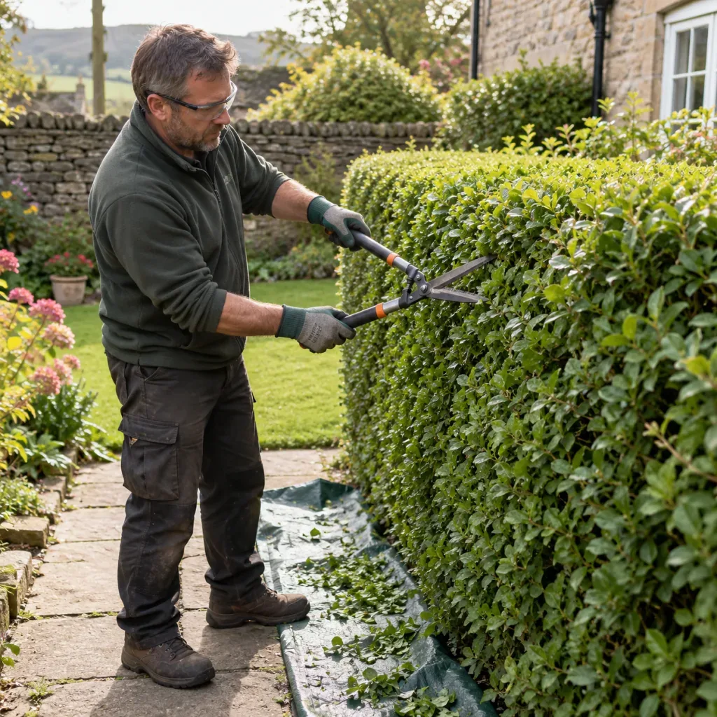Gardener shaping a hedge with manual shears beside a garden path