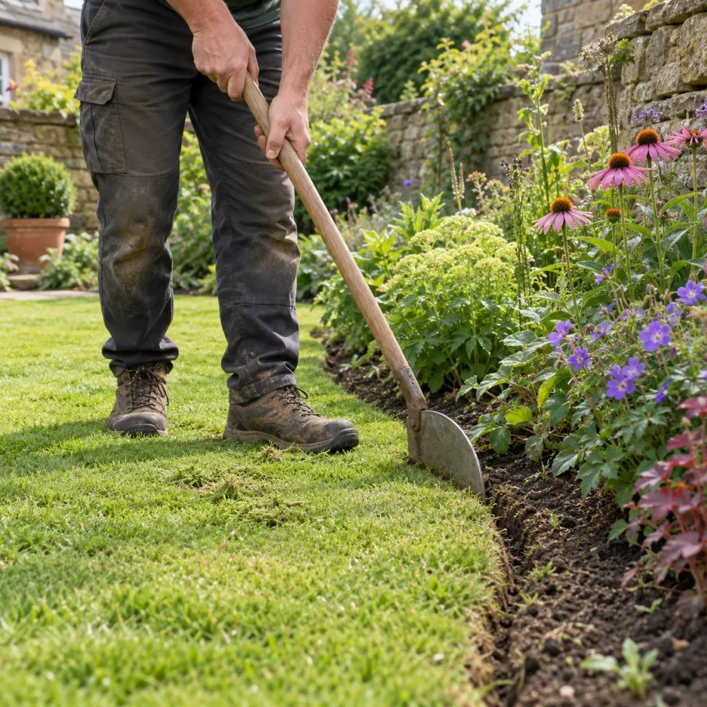 Gardener defining a lawn edge beside a planted flower border