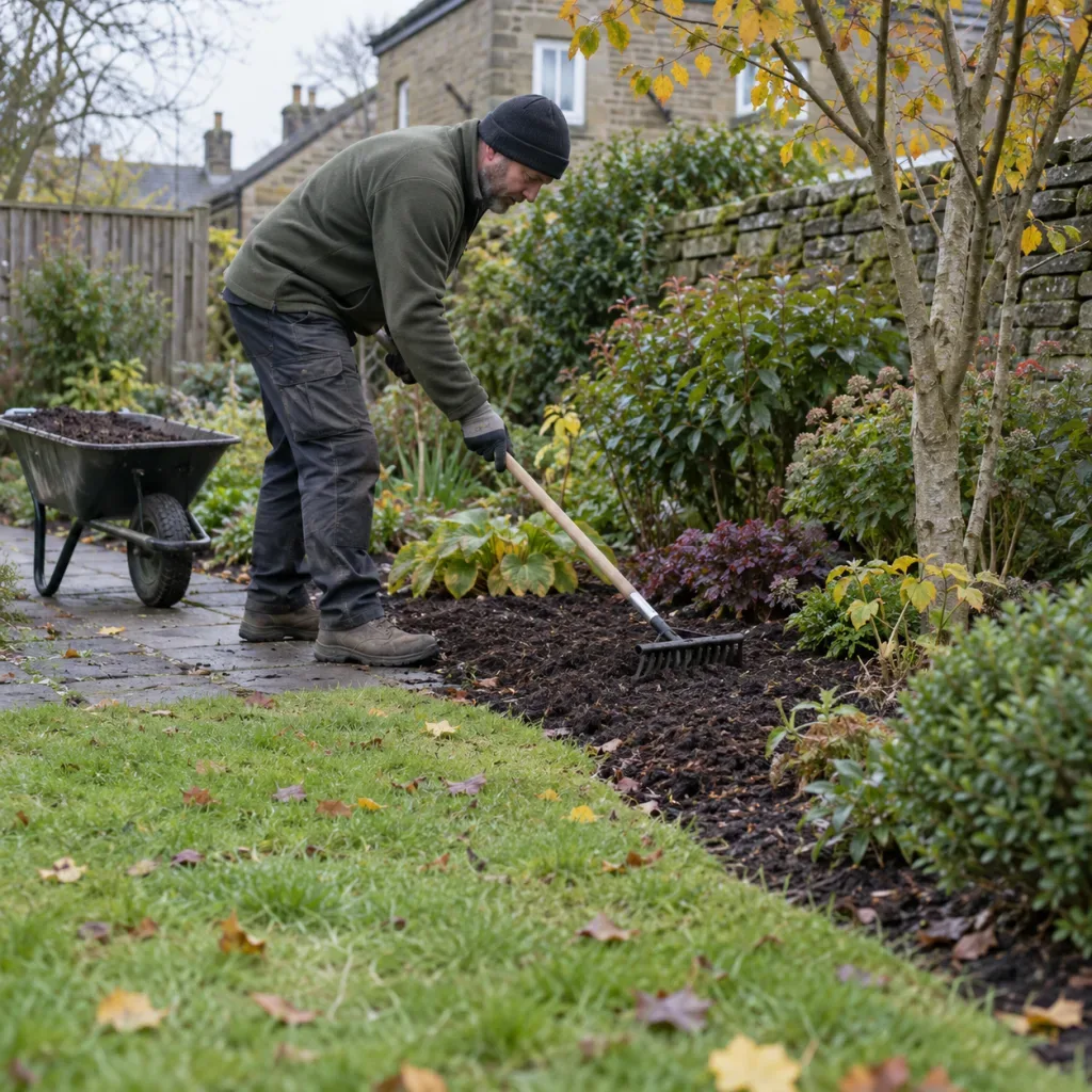 Gardener spreading compost mulch around a planted border