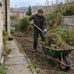 Gardener gathering cut vegetation into a wheelbarrow in an overgrown garden