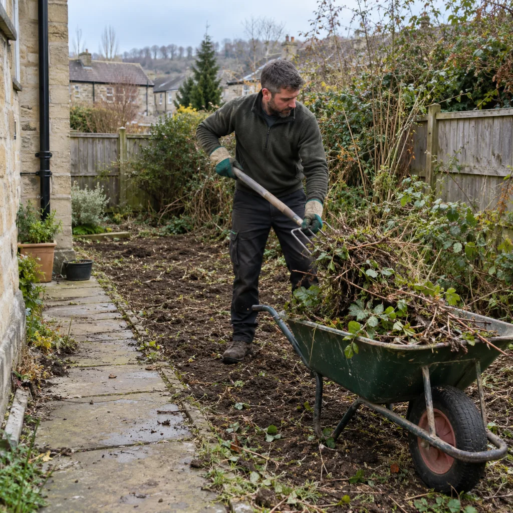 Gardener gathering cut vegetation into a wheelbarrow in an overgrown garden