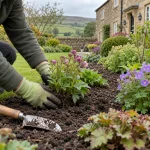 Gloved hands planting perennials in a garden border.