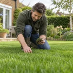 Gardener checking the height of a treated lawn before mowing.
