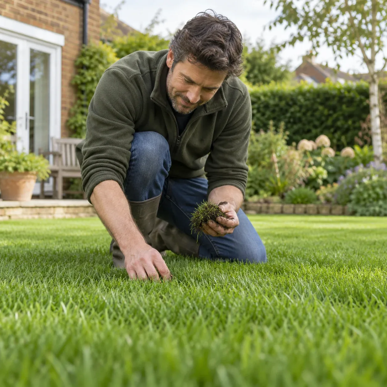 Gardener checking the height of a treated lawn before mowing.