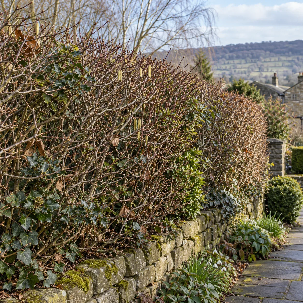 Leafy hedge beside a stone wall before seasonal trimming.