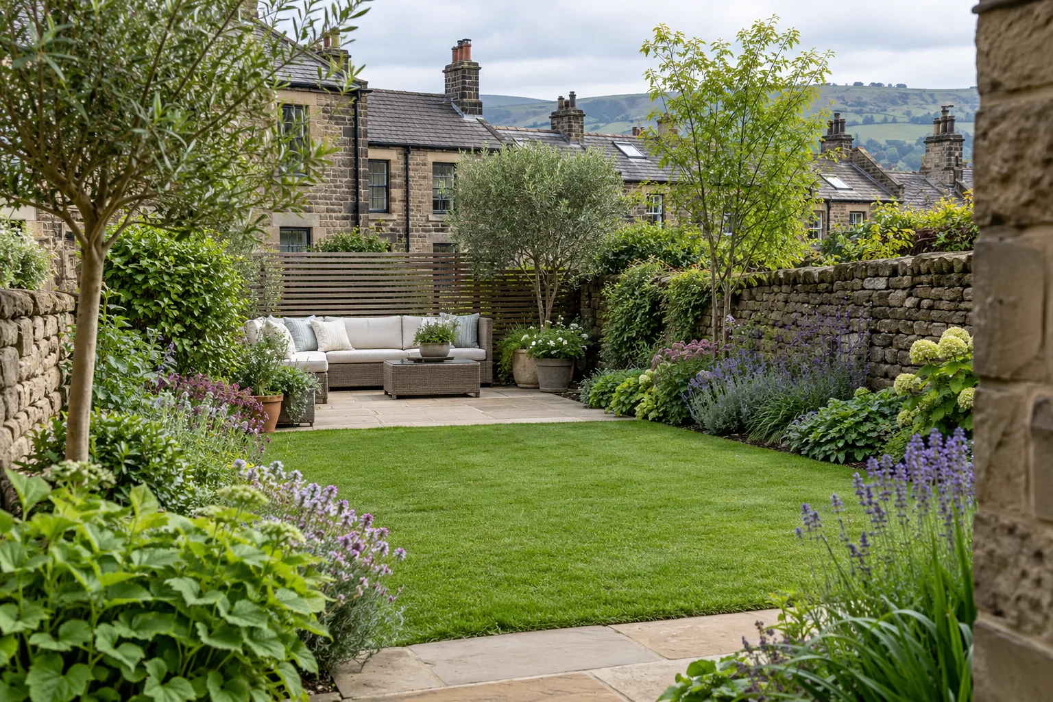 Yorkshire stone terrace garden with a paved patio, seating, lawn and planted borders.