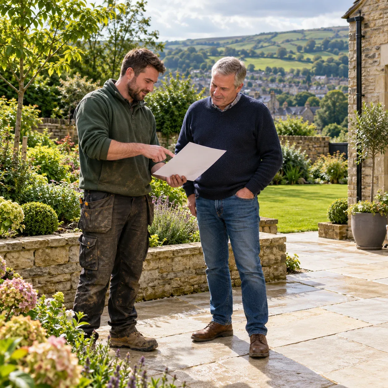 Two gardeners discussing a maintenance plan in a Keighley garden