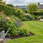 Pink roses, a neat lawn and cared-for garden borders with a watering can in a West Yorkshire garden.