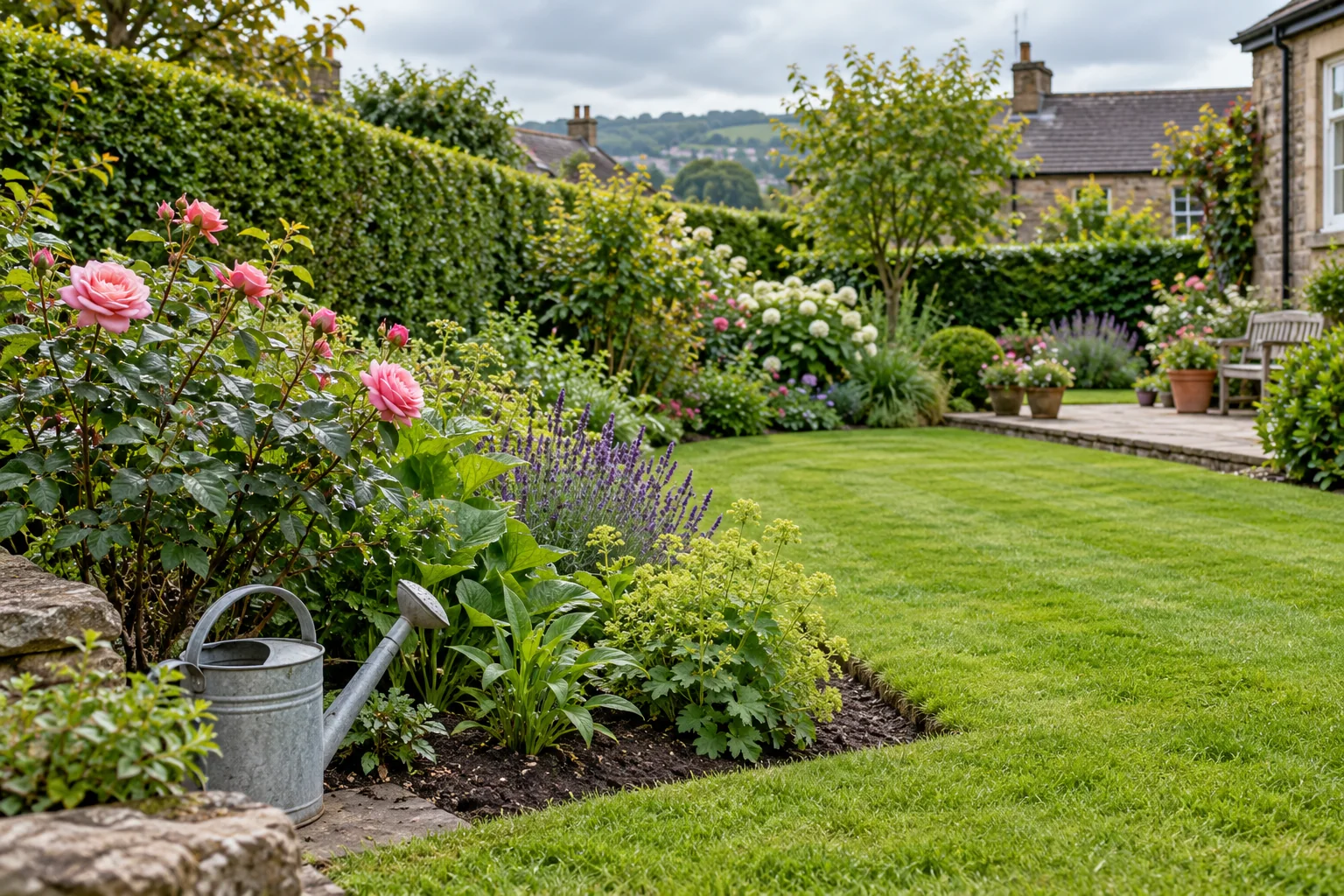 Pink roses, a neat lawn and cared-for garden borders with a watering can in a West Yorkshire garden.