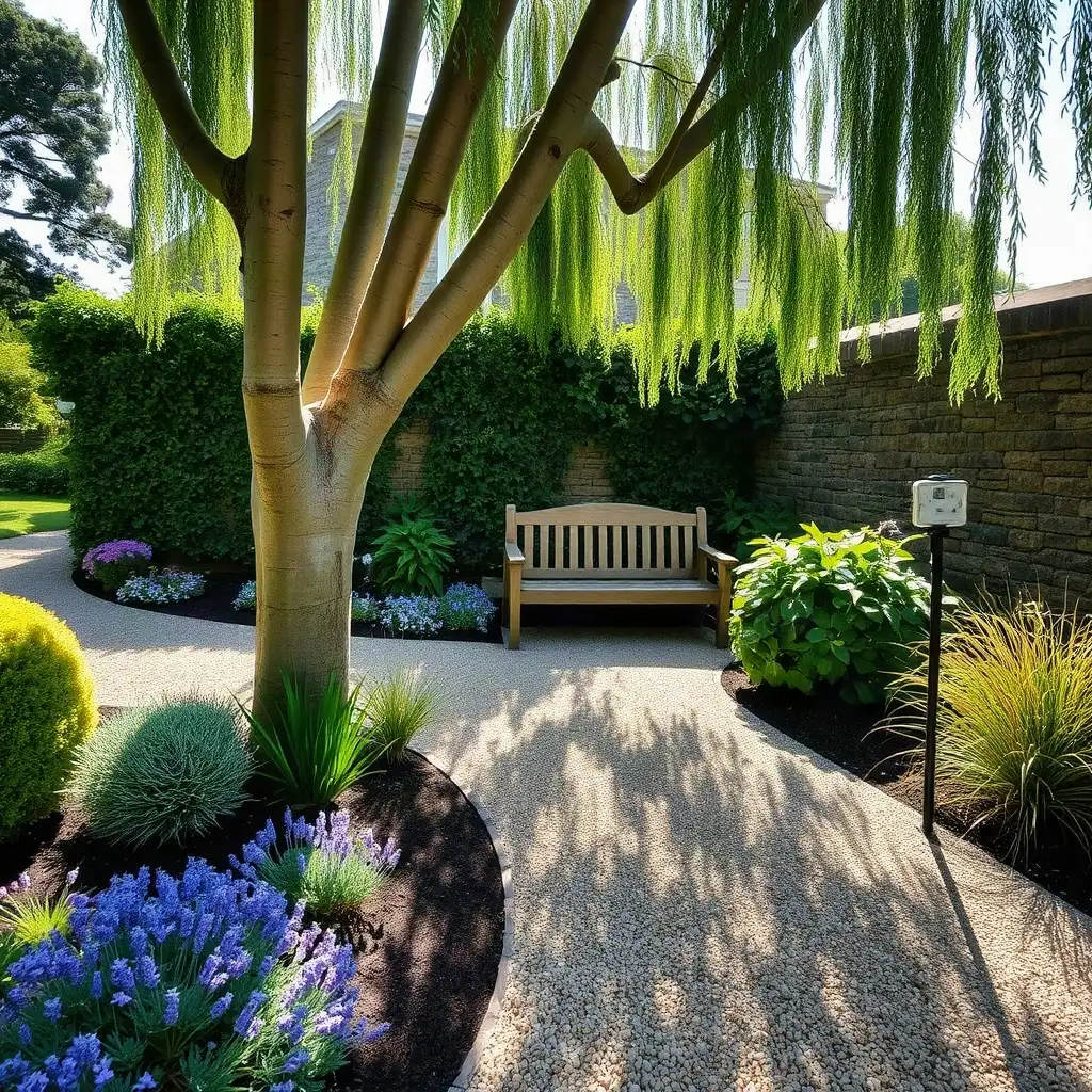 Gravel garden with ornamental grasses, a leafy tree, a wooden bench and planted borders.