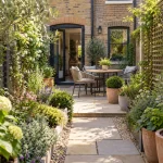 Compact brick courtyard garden with a paved path, trellis, planted borders and seating.