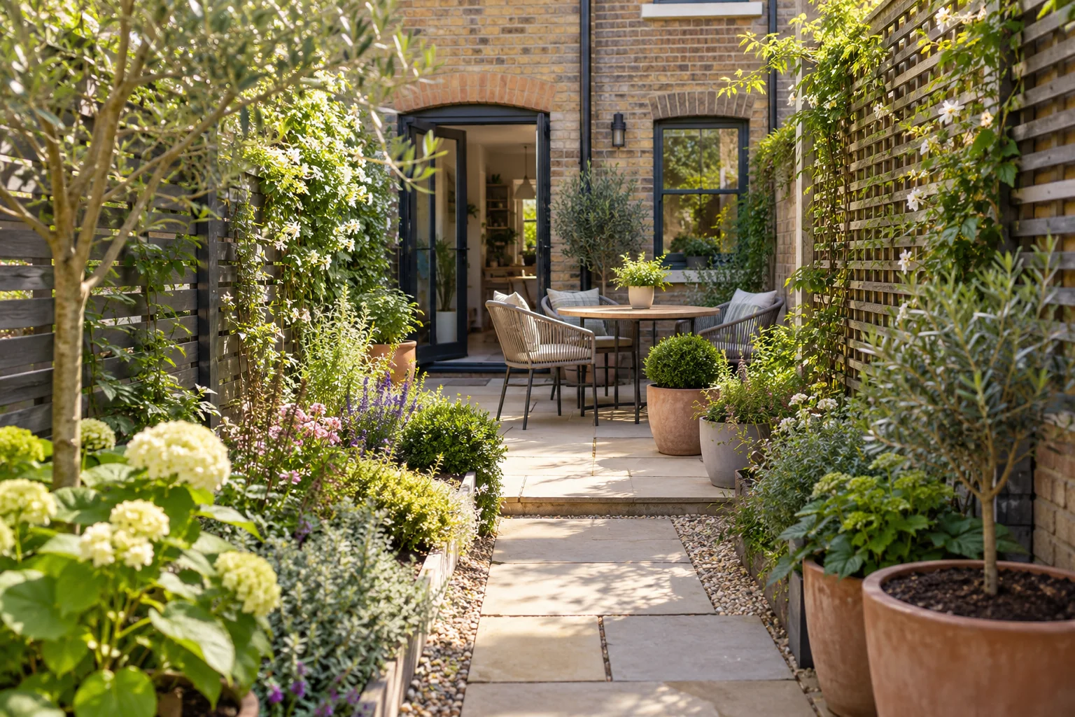 Compact brick courtyard garden with a paved path, trellis, planted borders and seating.